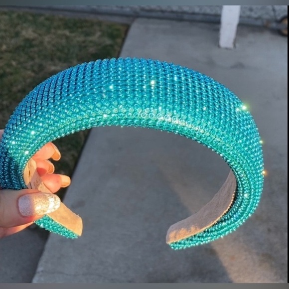 Padded 1.5” Headband with Aquamarine Rhinestone Aluminum Mesh Overlay Handmade - Picture 4 of 8
